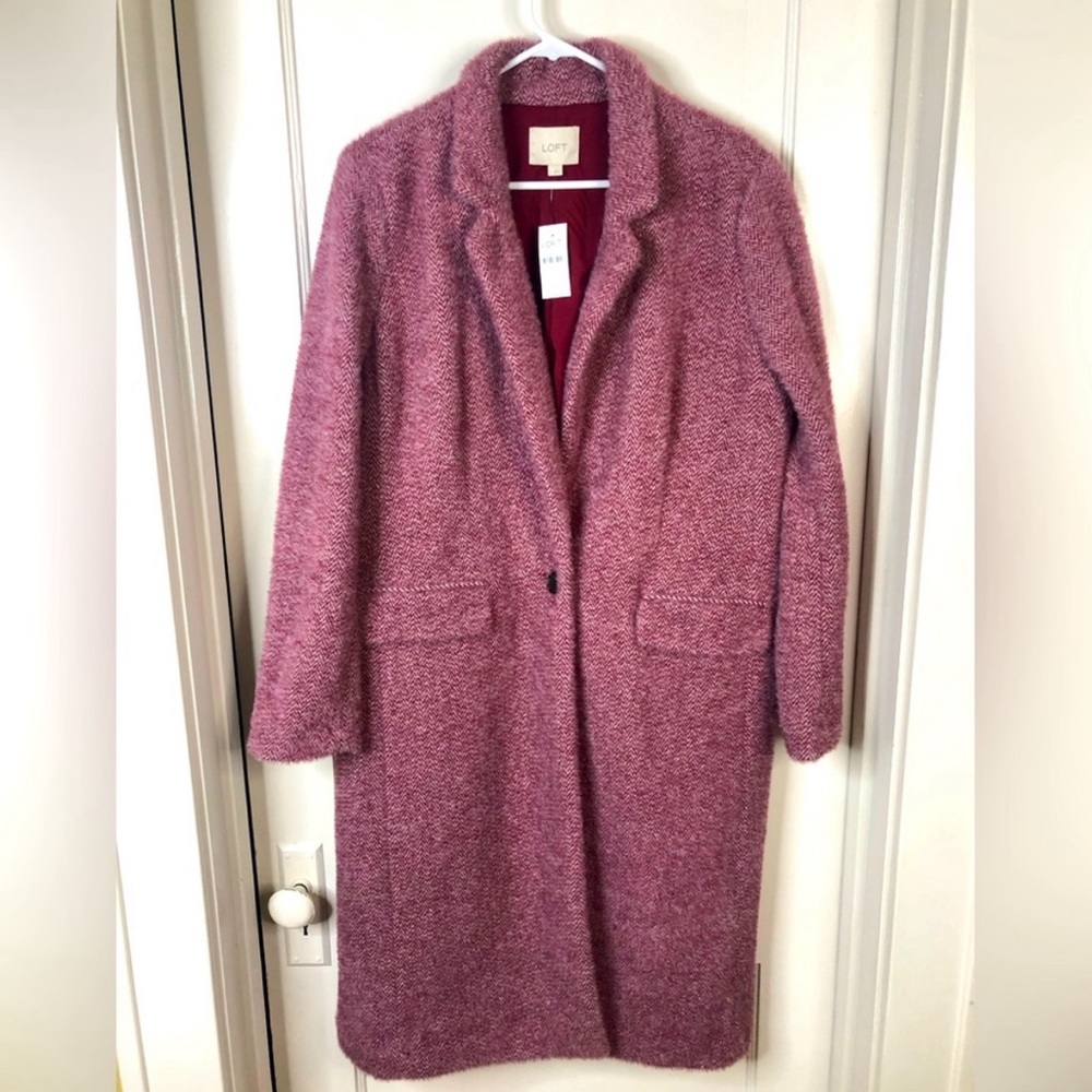 NWT Loft Cozy Herringbone Midi Winter Coat one button red wine rose Size Large